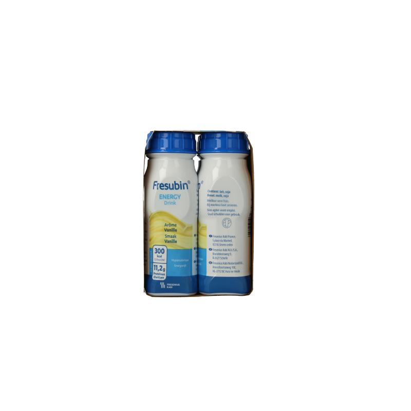 Four 200ml bottles of Fresubin Energy Vanille drink, nutritional supplement in clear bottles with vanilla flavor labels.