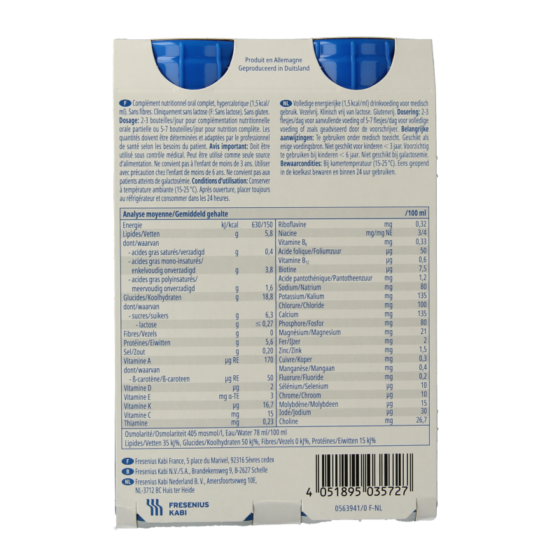 Four 200ml bottles of Fresubin Energy Drink Vanille in a pack, a nutritional supplement beverage from Fresubin.