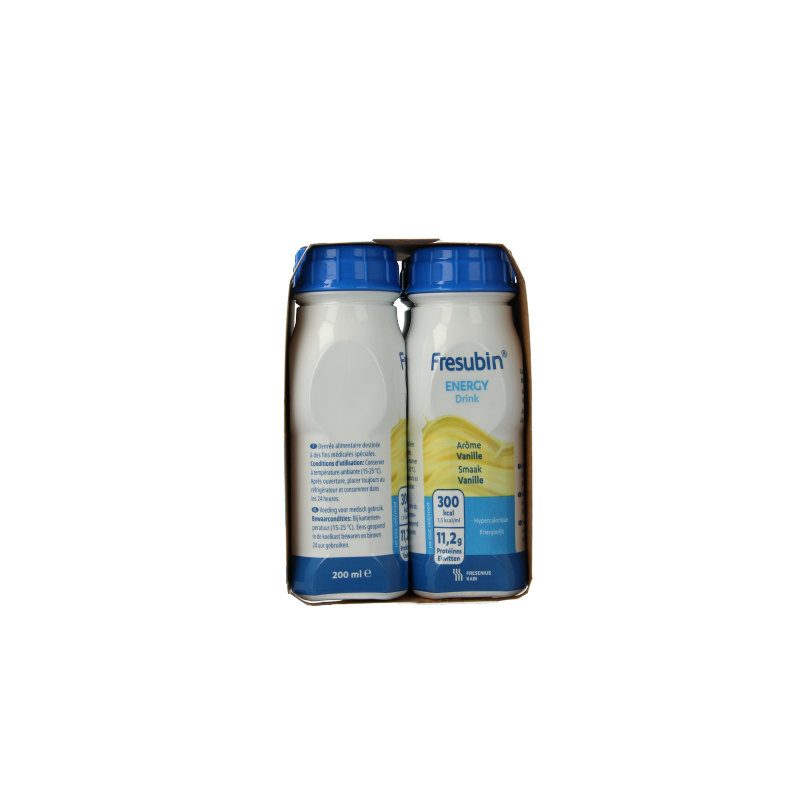Four 200ml bottles of Fresubin Energy Vanille drink, a nutritional beverage in a pack of four.
