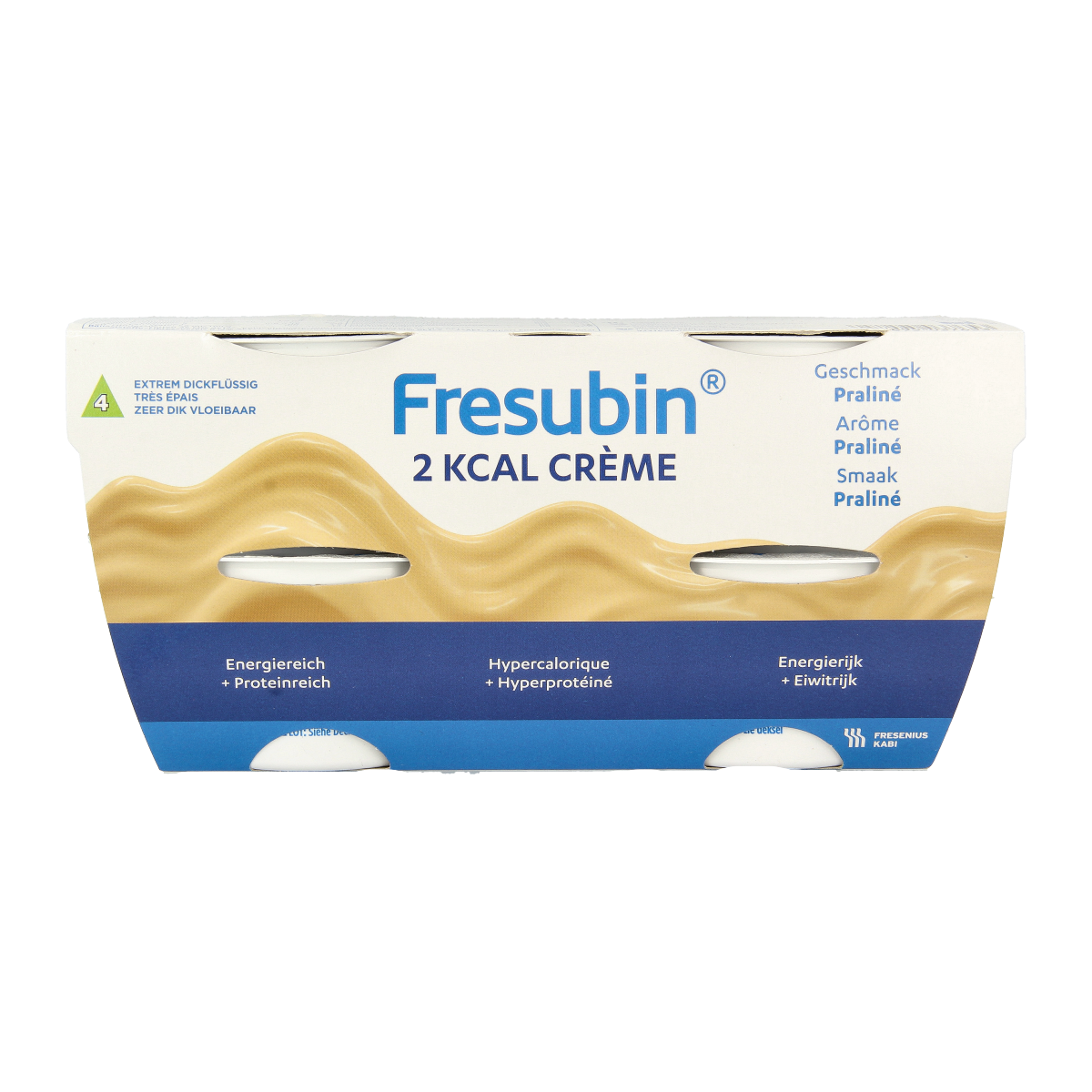 Fresubin 2Kcal creme praline/nougat medical diet nutrition, 4-pack of nutritional supplements with creamy praline flavor.