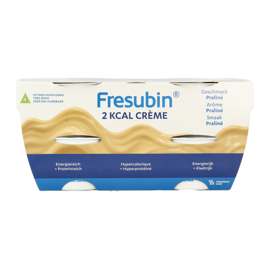 Fresubin 2Kcal creme praline/nougat medical diet nutrition, 4-pack of nutritional supplements with creamy praline flavor.