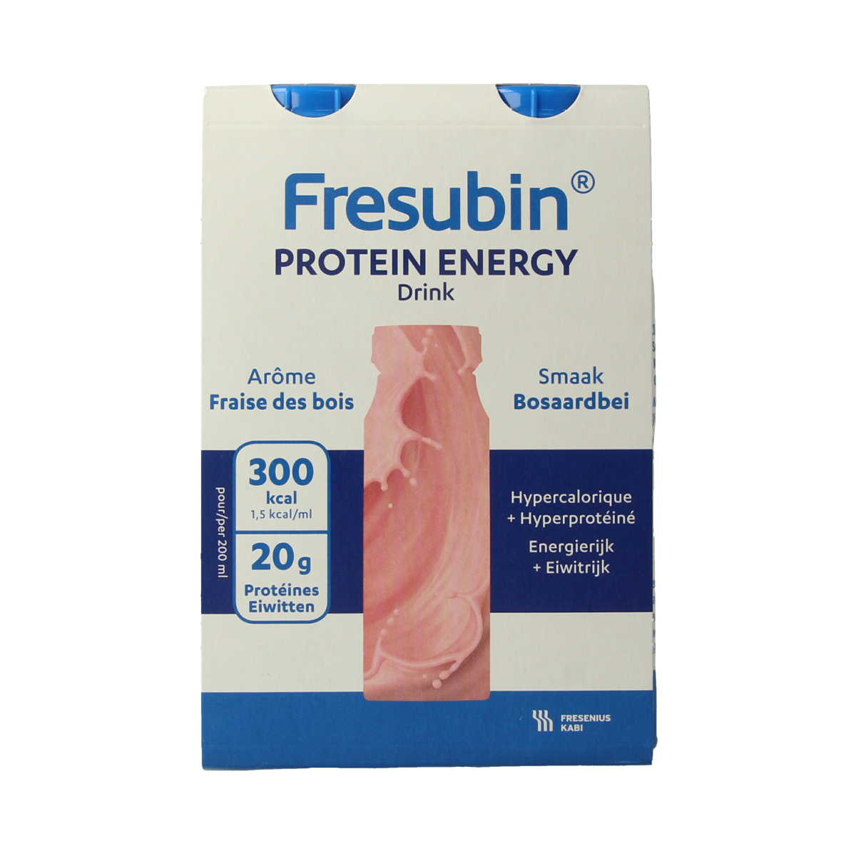 Fresubin Protein Bosaardbei medical dietary supplement in 200ml bottles, pack of four, with strawberry flavor and nutritional benefits.