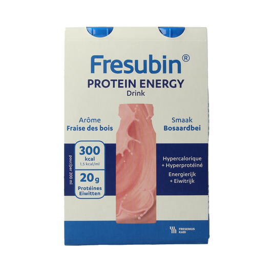Fresubin Protein Bosaardbei medical dietary supplement in 200ml bottles, pack of four, with strawberry flavor and nutritional benefits.