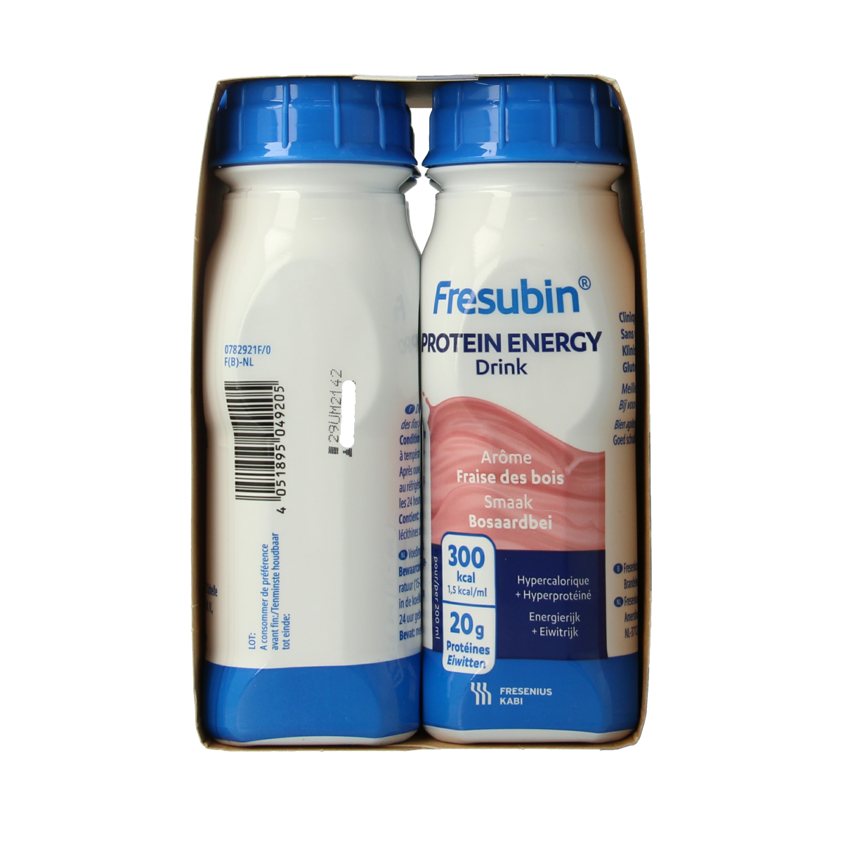 Fresubin Protein Bosaardbei medical diet supplement in 200ml bottles, set of 4, with strawberry flavor and nutritional packaging