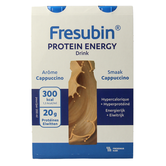 Fresubin Protein cappuccino medical diet supplement, 250ml bottles, pack of 4, creamy cappuccino flavor.