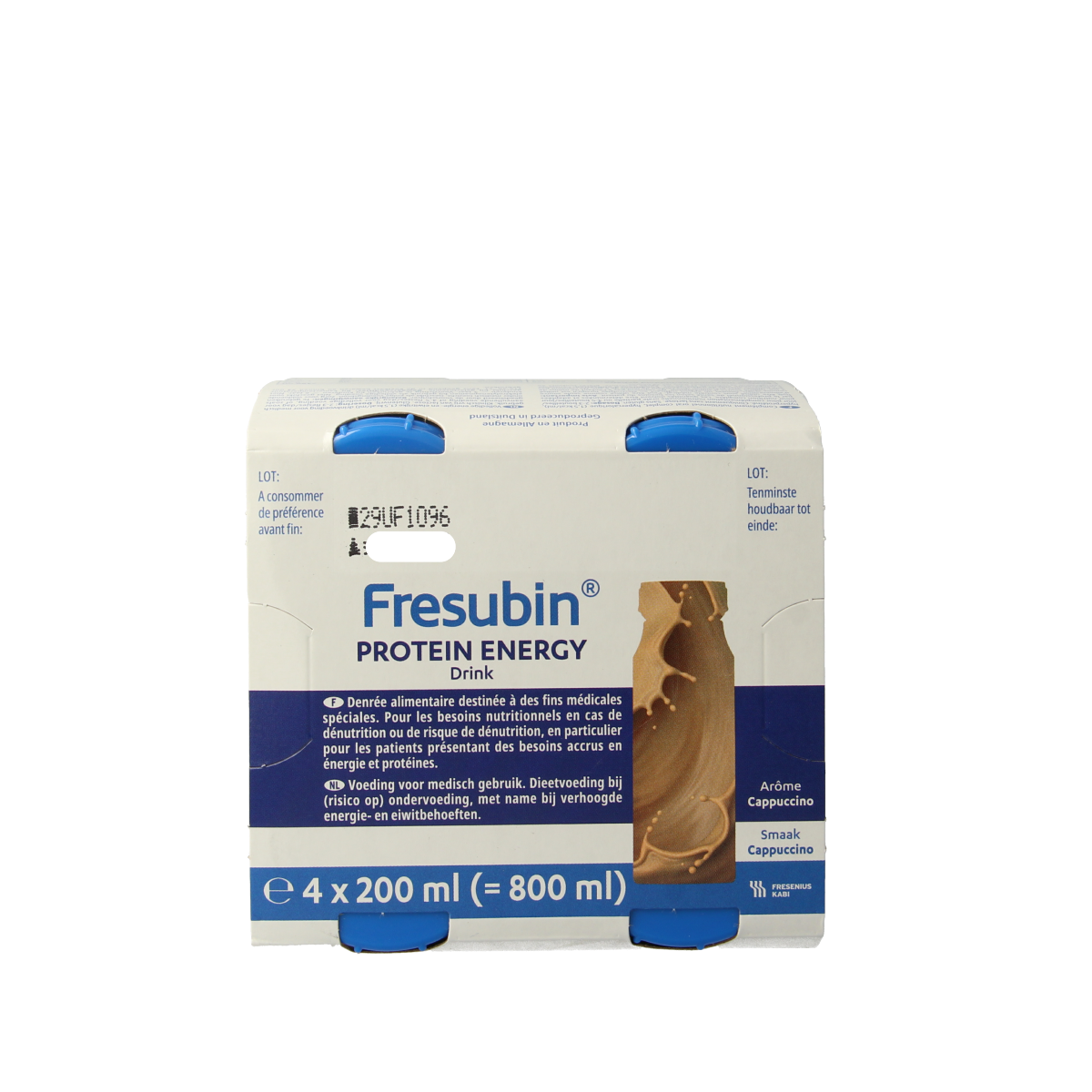 Fresubin Protein cappuccino medical diet supplement in 250ml bottles, four packs, with creamy cappuccino flavor and nutritional benefits