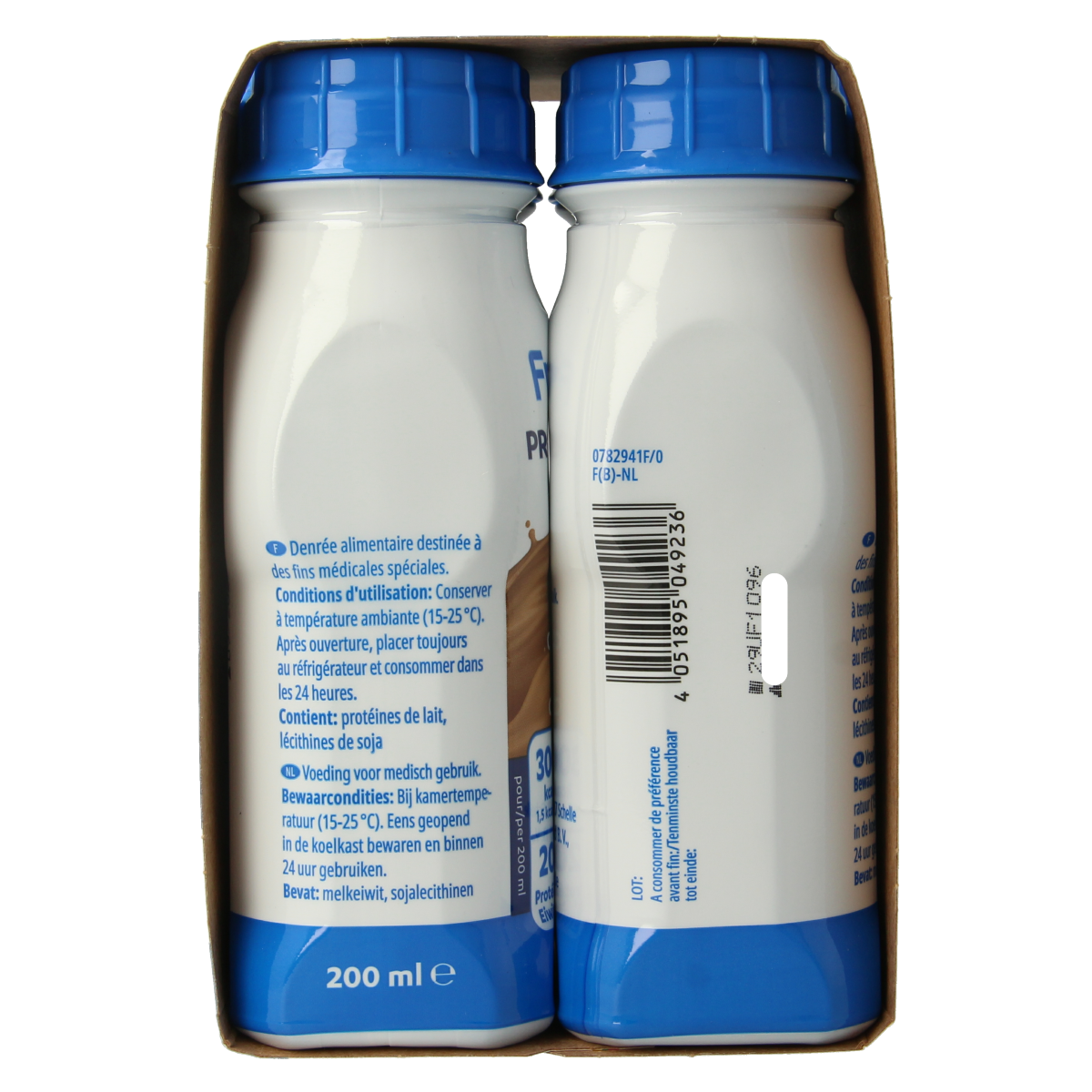 Fresubin Protein Cappuccino medical diet nutrition bottles, 250ml each, four-pack, with cappuccino flavor and nutritional information visible