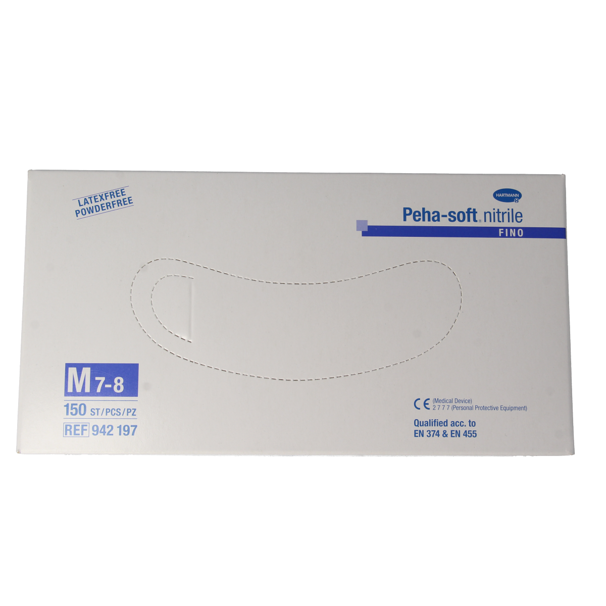 Pair of Hartmann Peha Soft Nitrile Fino medical gloves in size M, stacked in a box, for protective healthcare use.