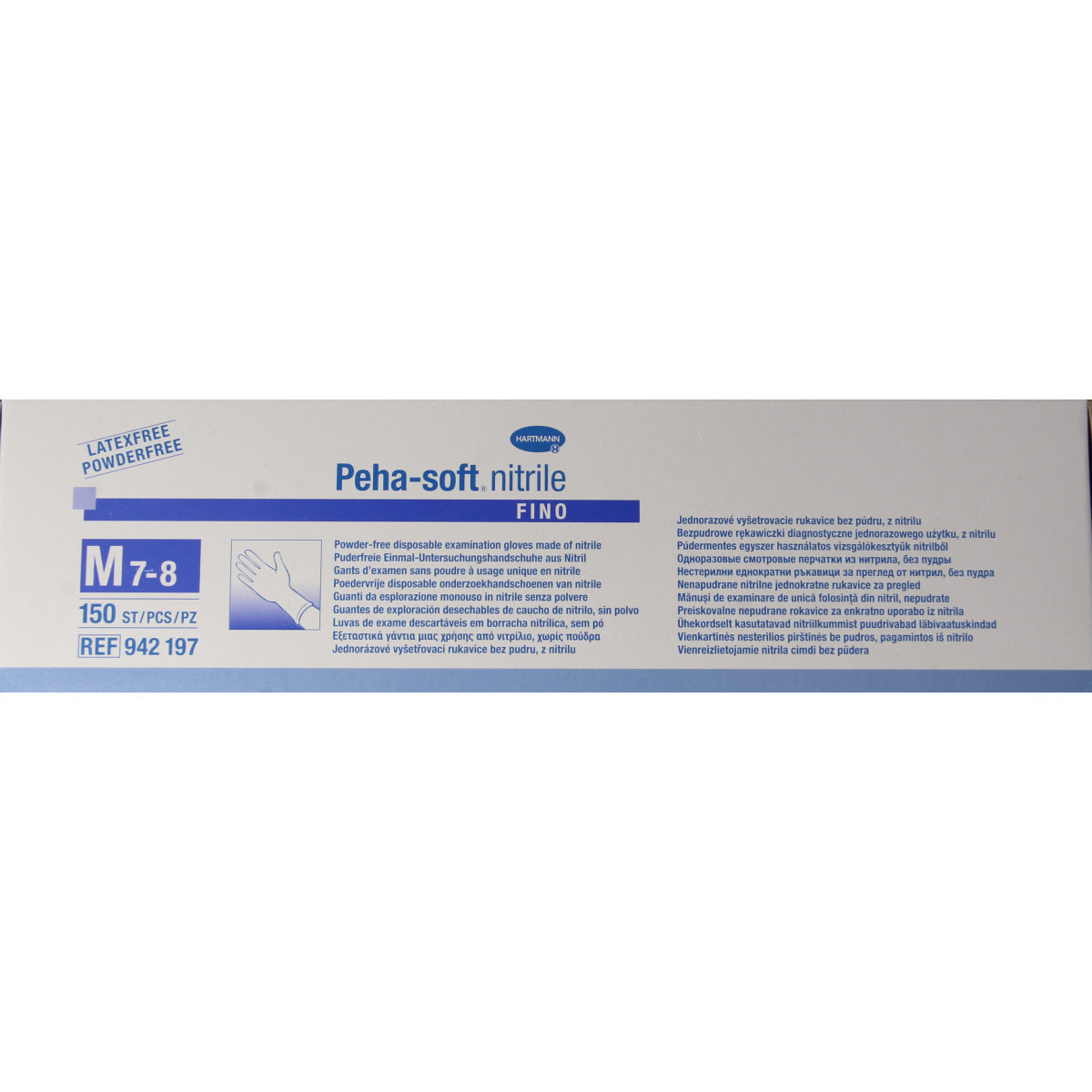 Hartmann Peha Soft nitrile disposable medical gloves in size M, 150-pack, protective handwear for healthcare use.