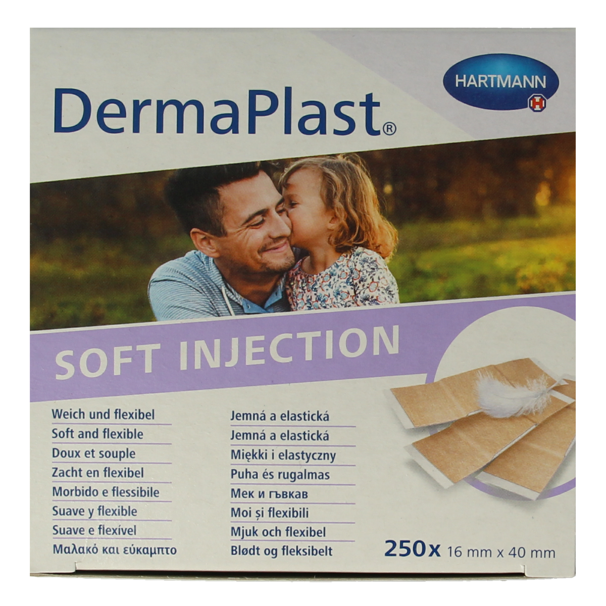 Dermaplast injectiepleisters sensitive 16mm x 40mm, pack of 250, soft adhesive bandages for minor cuts and injections.
