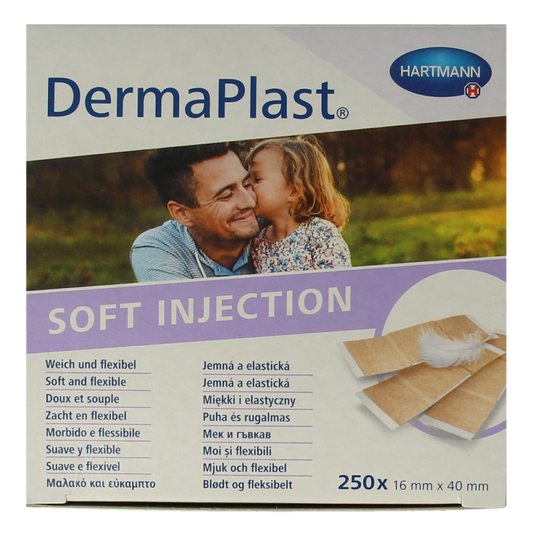 Dermaplast injectiepleisters sensitive 16mm x 40mm, pack of 250, soft adhesive bandages for minor cuts and injections.
