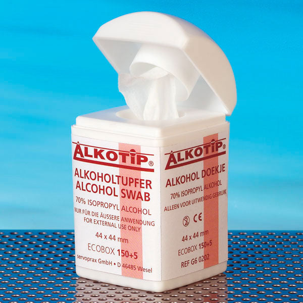 Alkotip disinfectant alcohol wipe dispenser with 155 wipes, compact and portable for sanitizing hands and surfaces.