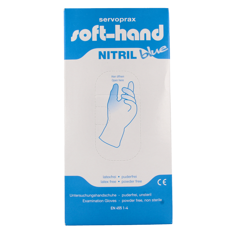 Softhand Nitril XL examination gloves, 100-pack, disposable blue nitrile gloves for medical and lab use.
