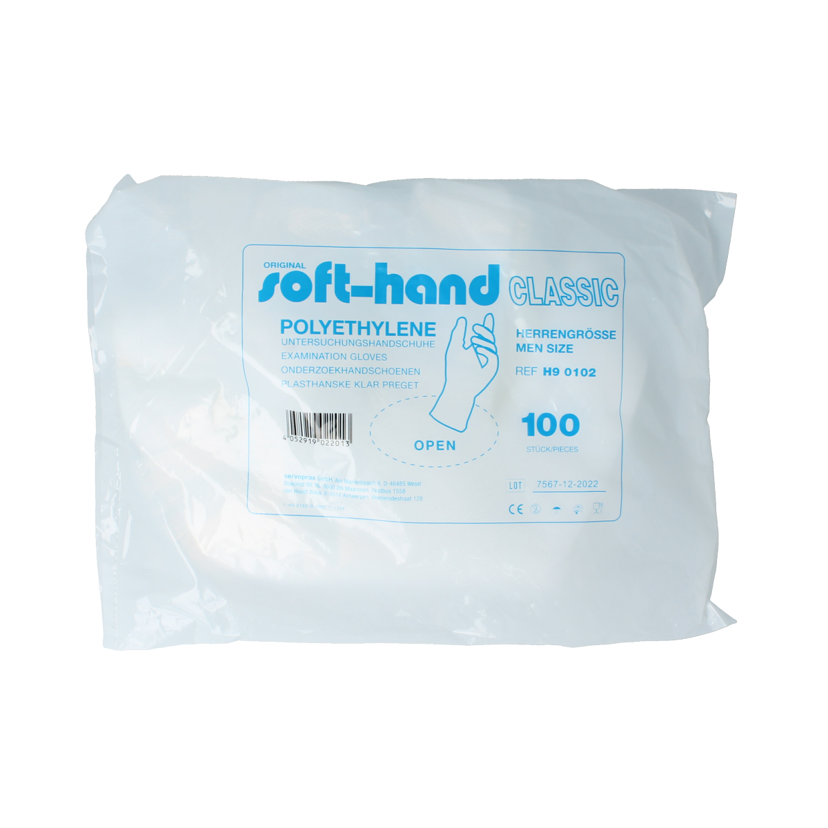 Softhand poly Herren research gloves, a pack of 100, showing blue disposable examination gloves for protective use.