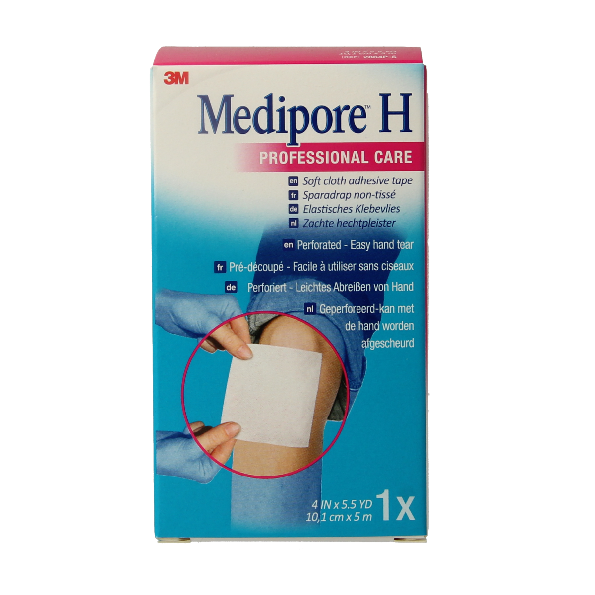 3M Medipore hechtpleister 10cm x 5m, adhesive wound dressing tape, shown in the image with packaging and application surface.