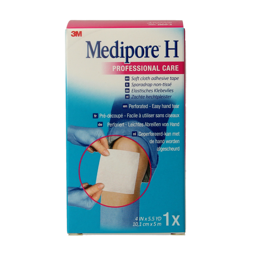 3M Medipore hechtpleister 10cm x 5m, adhesive wound dressing tape, shown in the image with packaging and application surface.