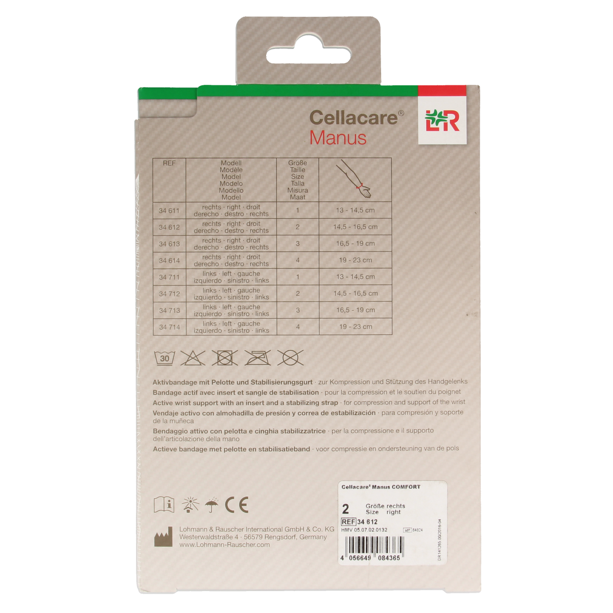 Cellacare Manus comfort right wrist bandage, size 2, for support and compression, shown on a white background.