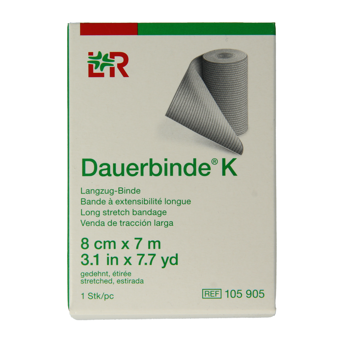 Dauerbinde K elastic zwachtel 7m x 8cm for quick wound compression and support, shown as a sterile medical bandage.