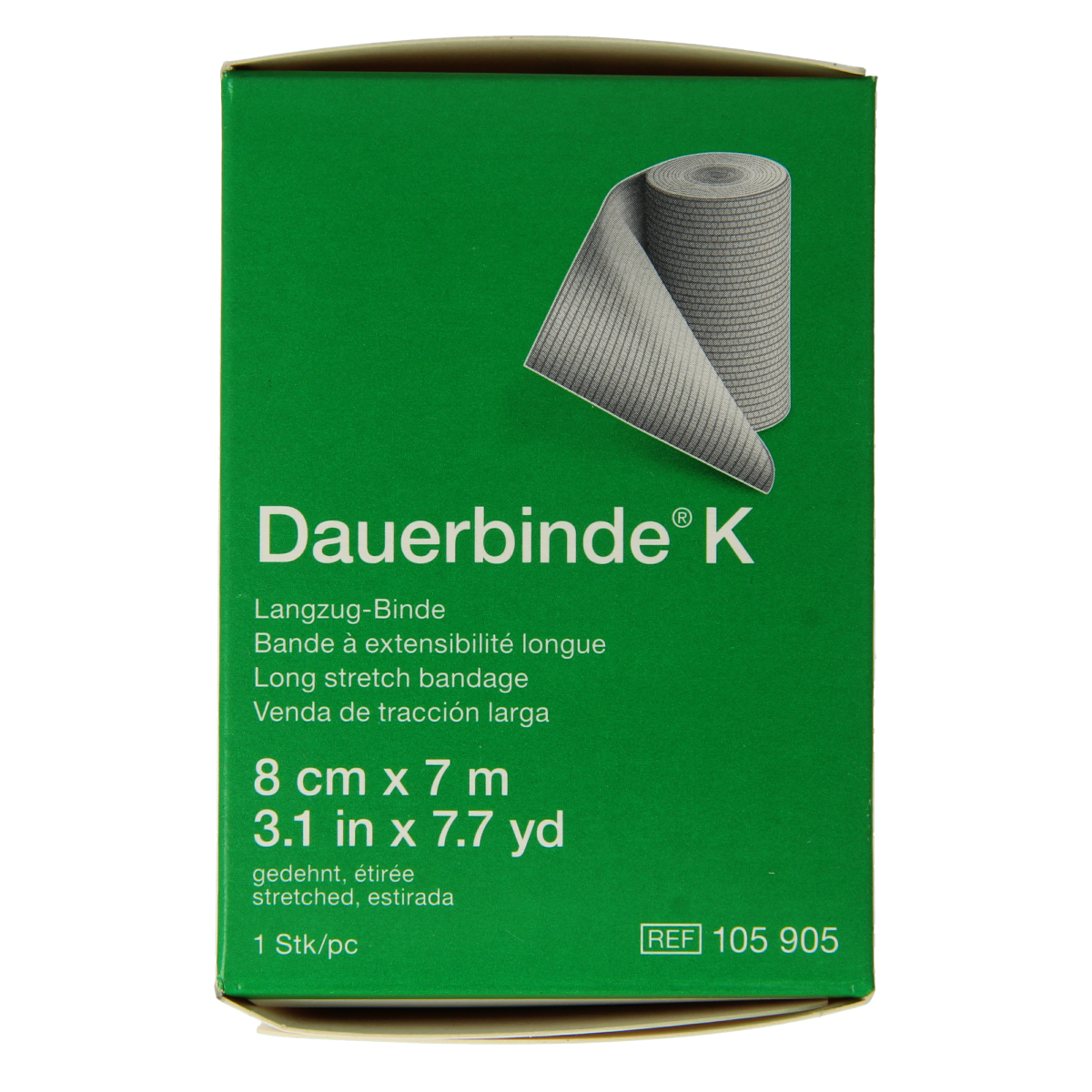 Elastic bandage Dauerbinde K, 7m x 8cm, for quick wound support, displayed rolled out on a clean surface.