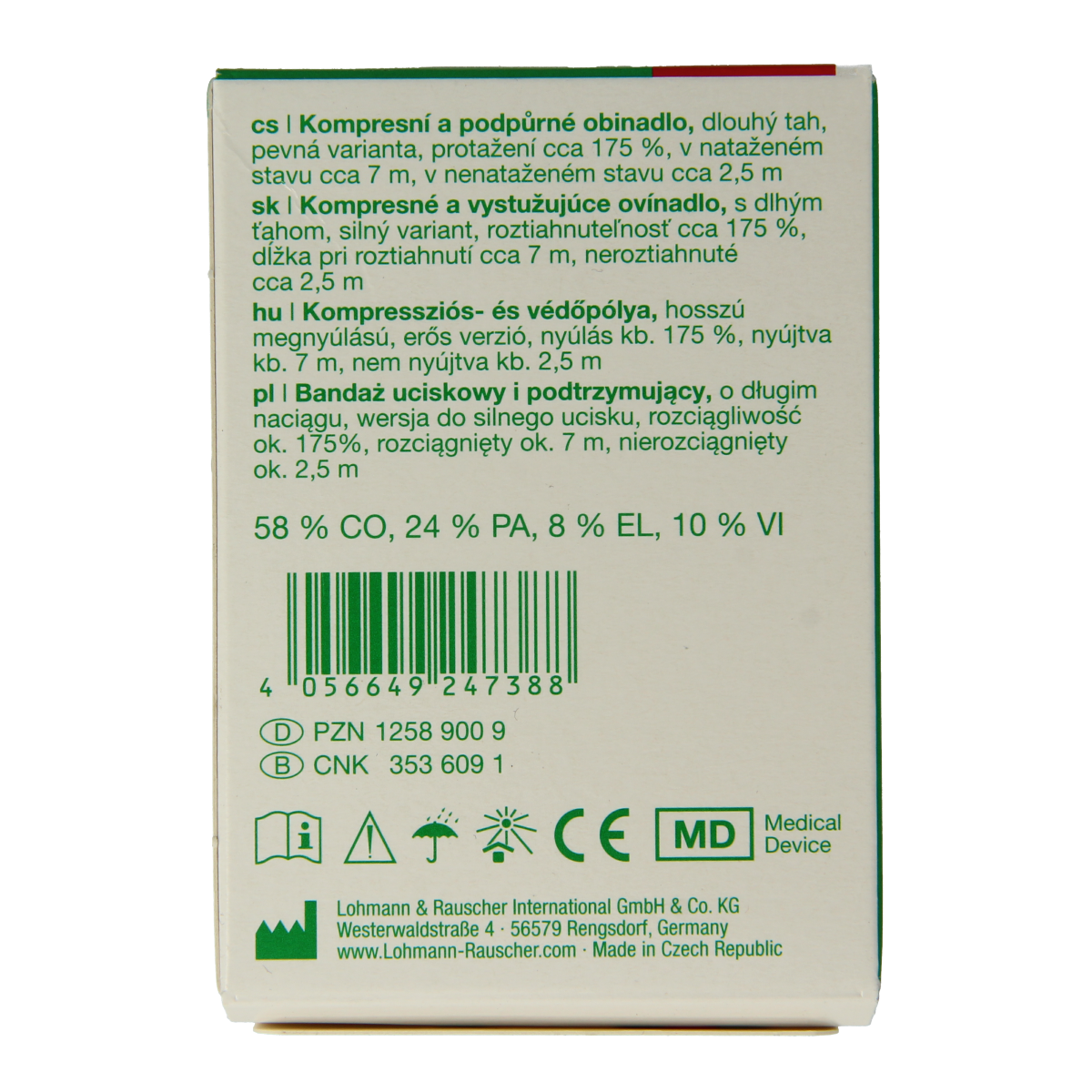 Elastic bandage Dauerbinde K, 7m x 8cm, for quick wound support, shown rolled out on a clean surface.