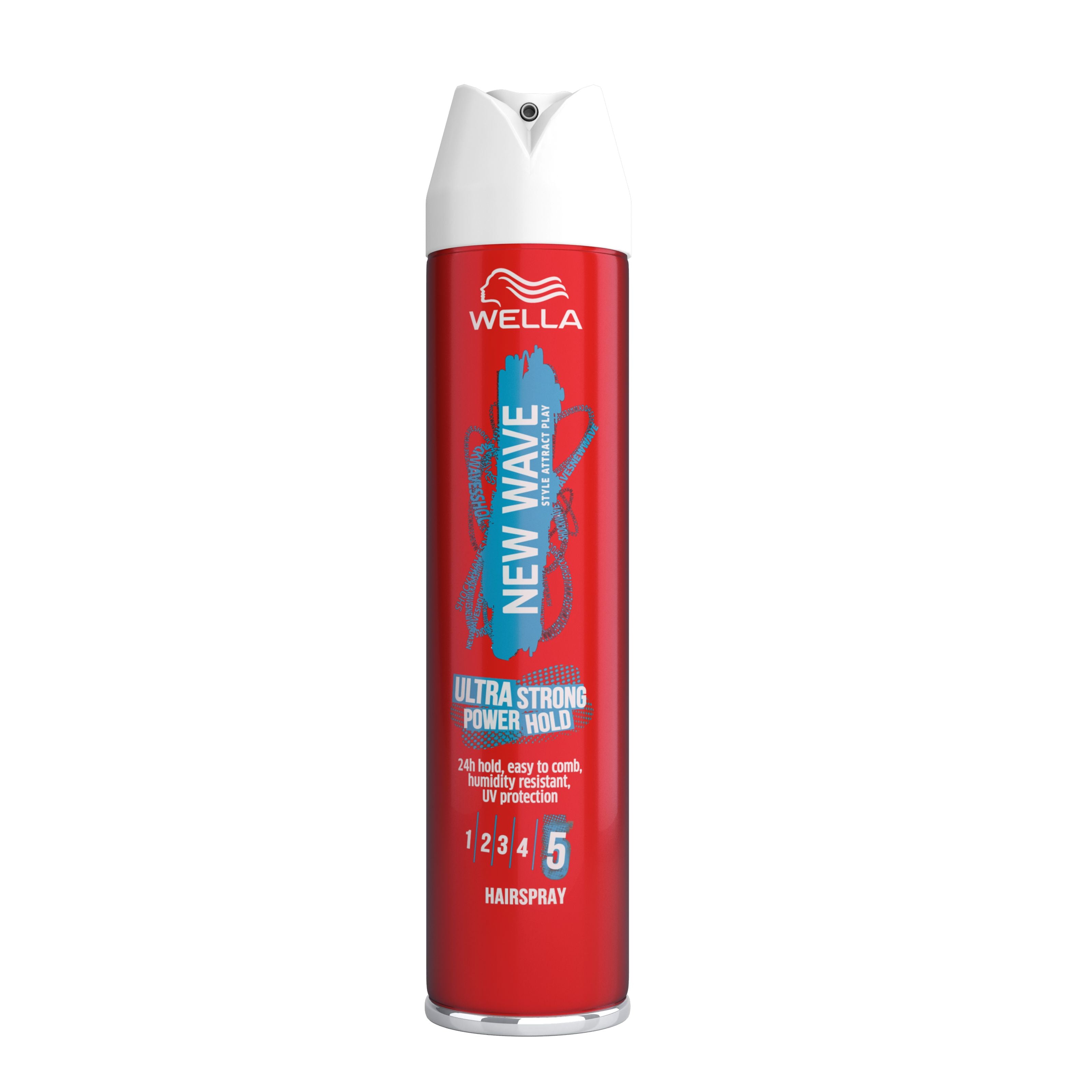 New Wave Ultra Strong Power Hold Haarstyling Haarspray 250ml bottle with a sleek design and spray nozzle.