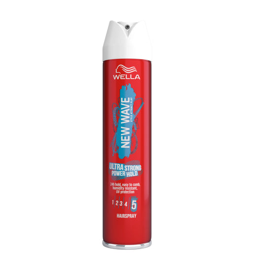 New Wave Ultra Strong Power Hold Haarstyling Haarspray 250ml bottle with a sleek design and spray nozzle.