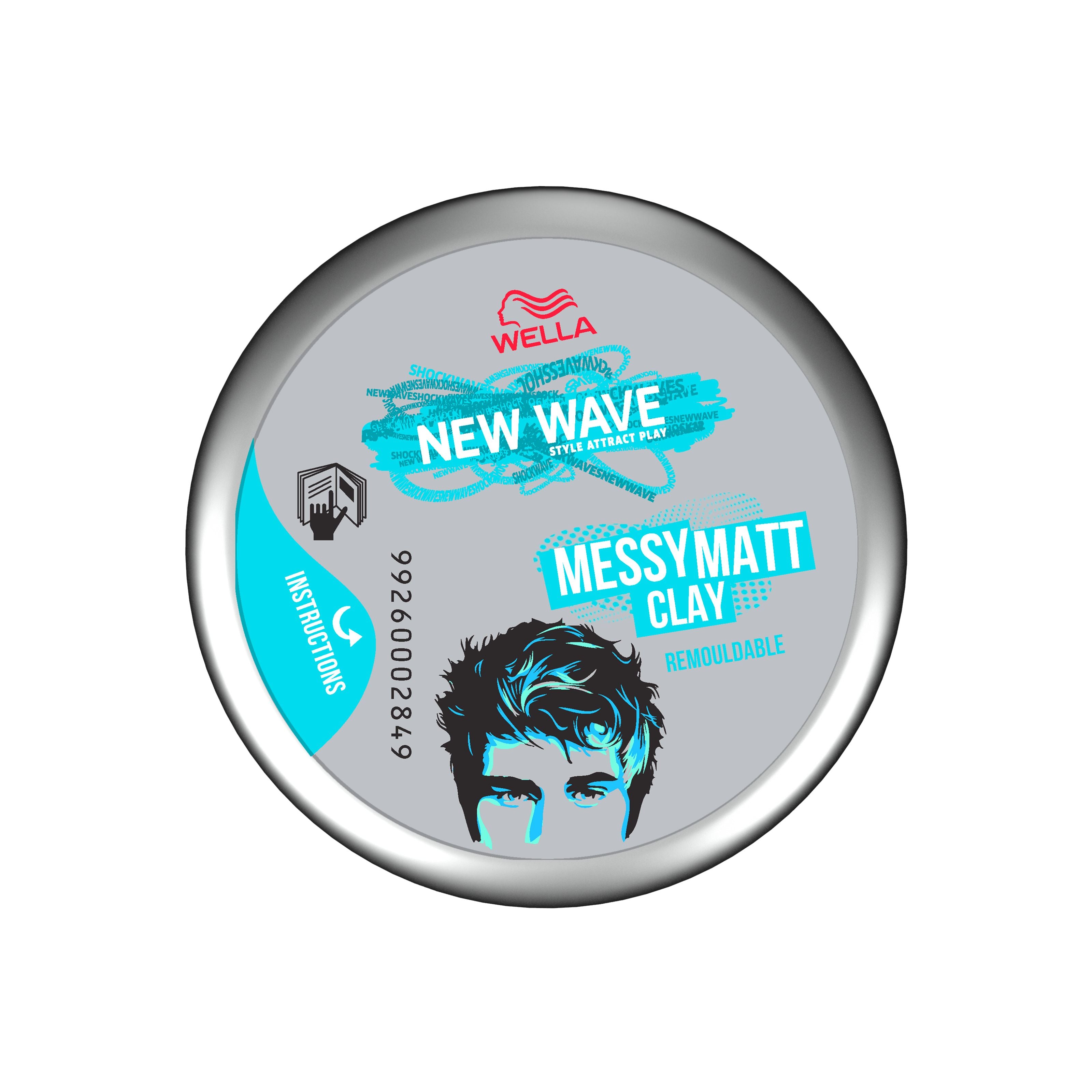 New Wave Messy Matt Clay hair styling product in a 75ml jar, with textured messy hairstyle showcasing matte finish.