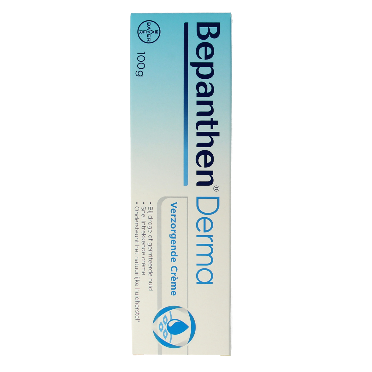 Bepanthen Creme verzorgend 100g, moisturizing body cream in a white tube with blue cap, designed for skin hydration.
