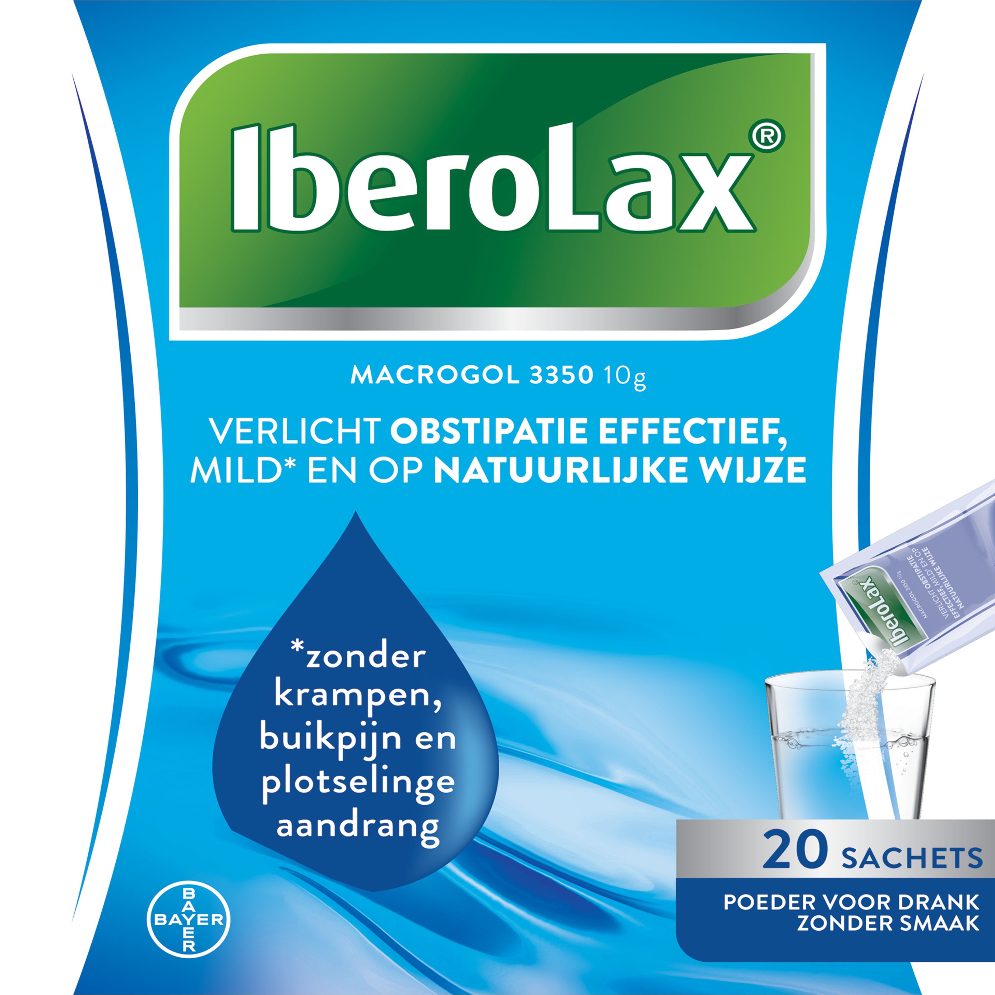 Iberolax laxatives in 10 gram sachets, 20 pack, showing individual sachets of Iberolax brand for digestive relief.