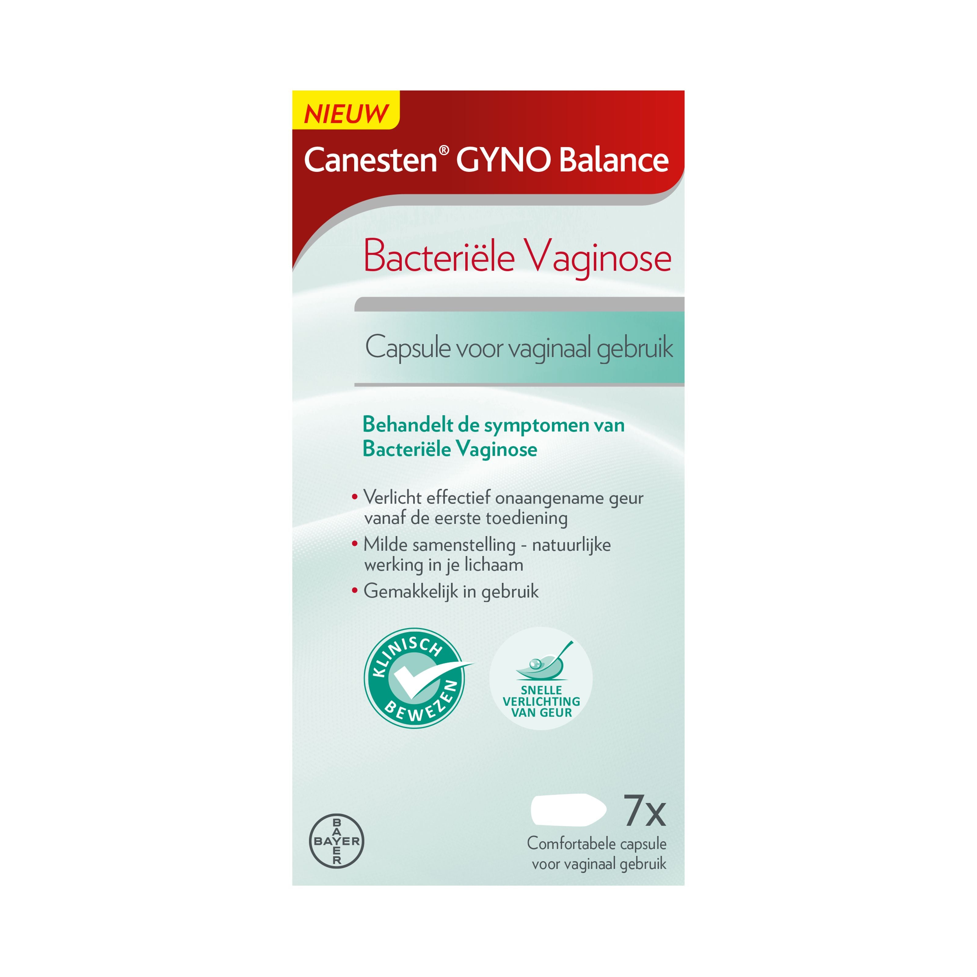 Canesten Gyno Balance capsules for women, package of 7, with white and blue capsules and box packaging.