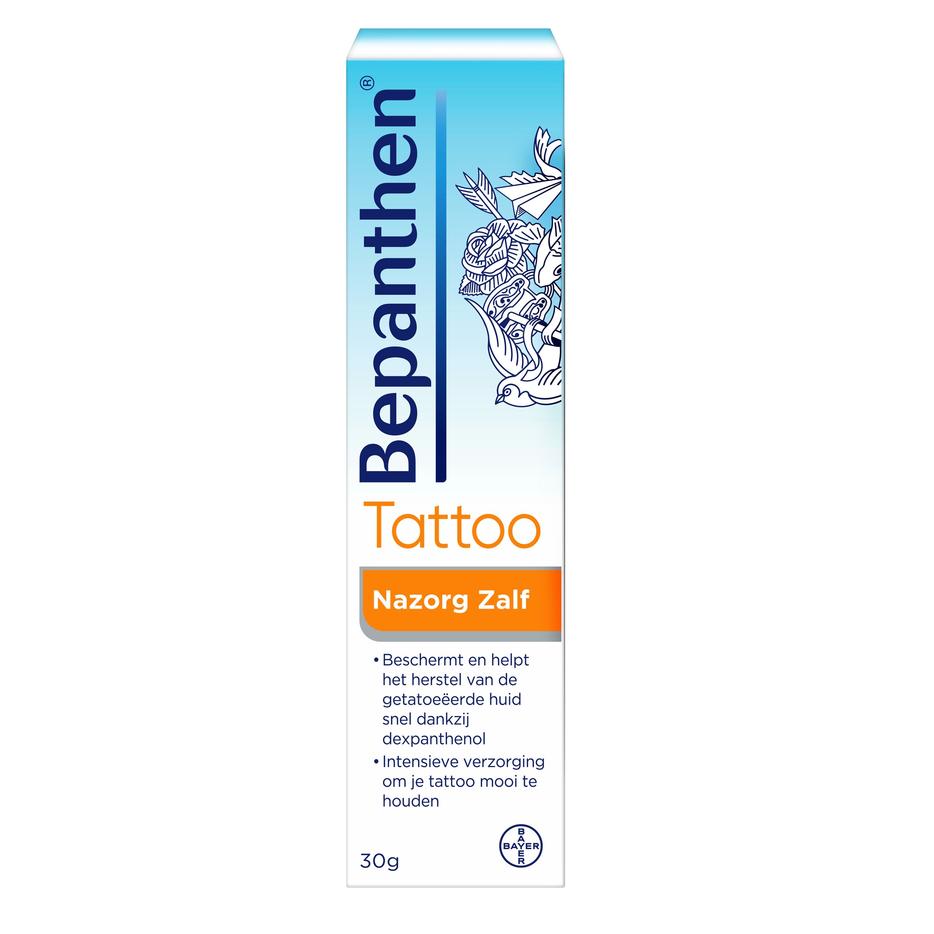 Bepanthen Tattoo Care Ointment 30g tube for body skincare, featuring a white and blue packaging with the Bepanthen logo.