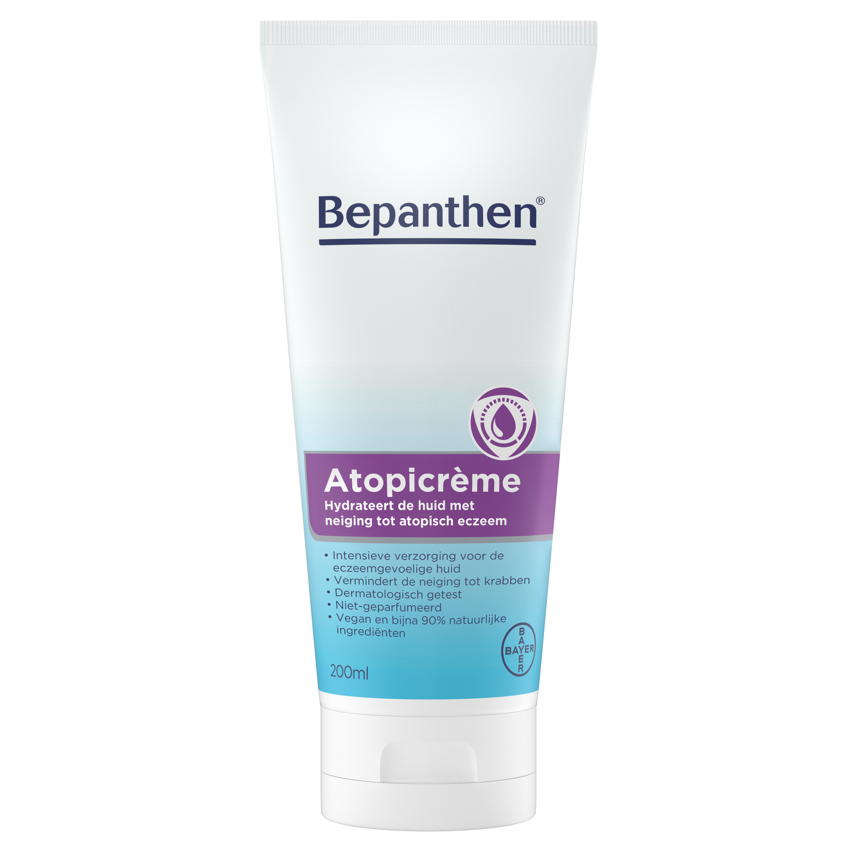 Bepanthen Atopicreme body care cream in 200ml tube, soothing skin moisturizer for sensitive and atopic skin conditions.