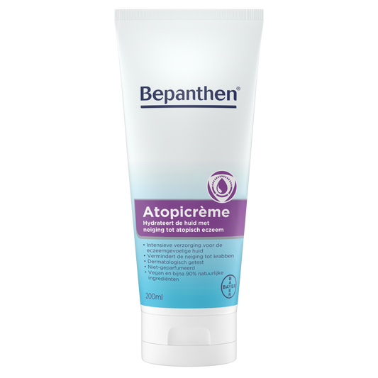 Bepanthen Atopicreme body care cream in 200ml tube, soothing skin moisturizer for sensitive and atopic skin conditions.