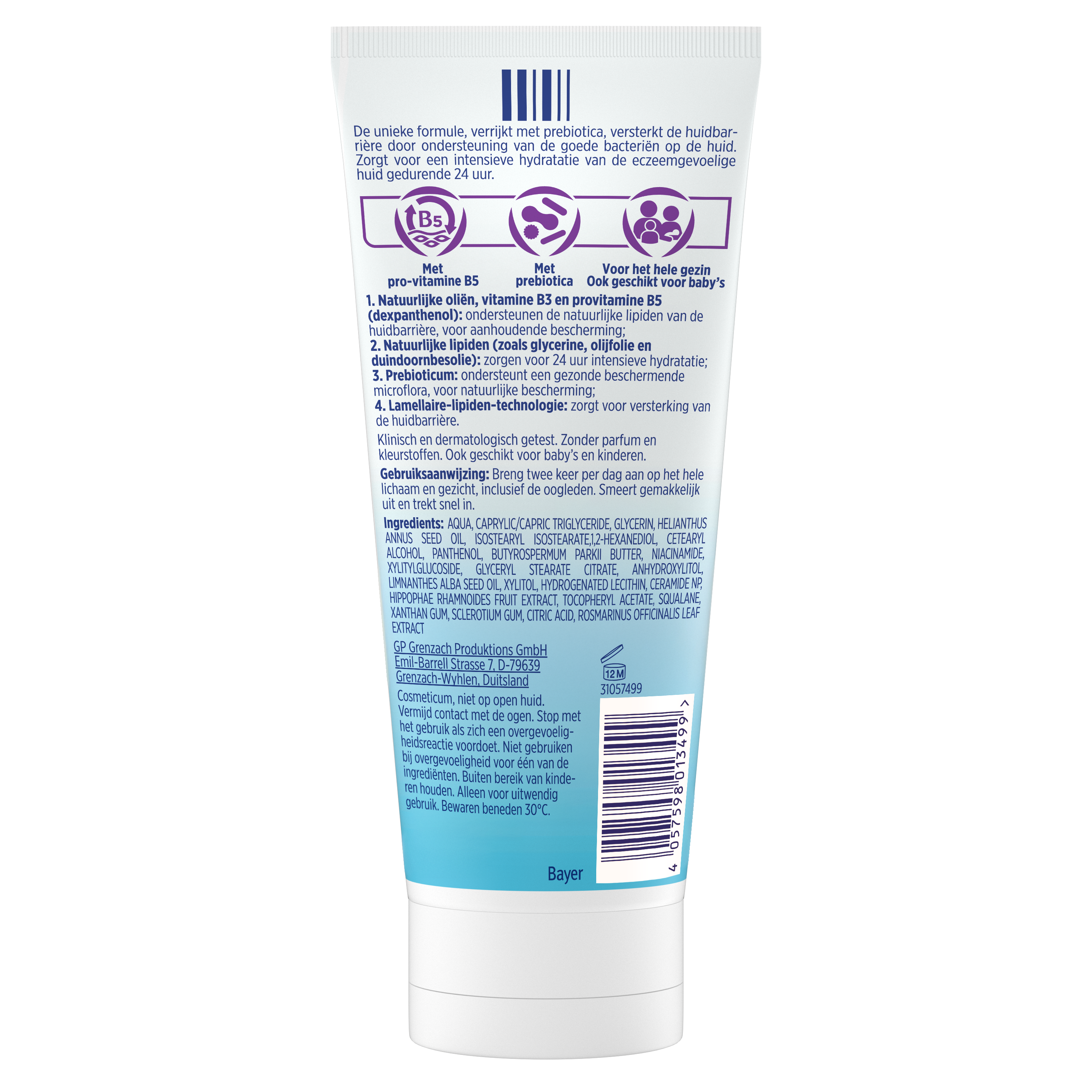 Bepanthen Atopicreme body care cream in a 200ml tube, designed for sensitive skin and atopic dermatitis relief.