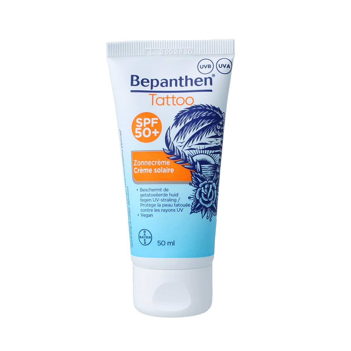 Bepanthen Tattoo SPF50+ sunscreen lotion in 50ml bottle, designed to protect tattoos from sun damage.