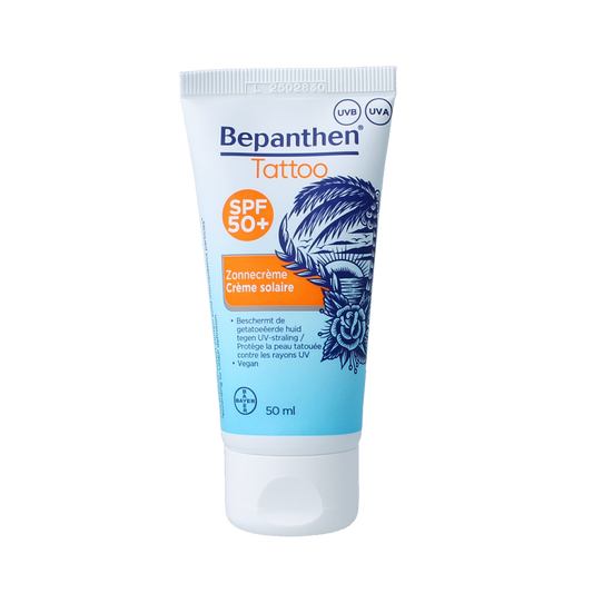 Bepanthen Tattoo SPF50+ sunscreen lotion in 50ml bottle, designed to protect tattoos from sun damage.