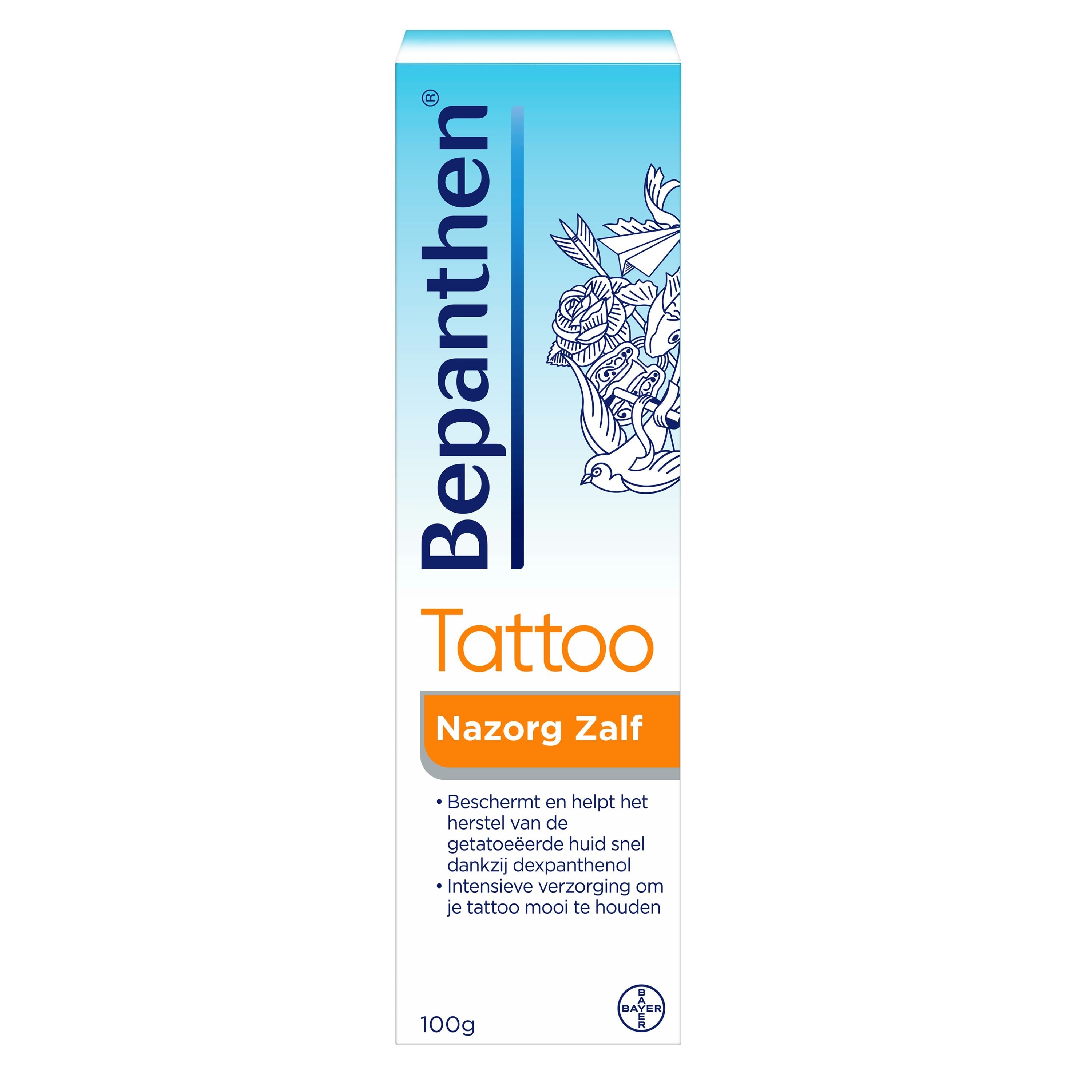Bepanthen Tattoo nazorg zalf 100g tube, body care product for tattoo healing and skin soothing, with Bepanthen branding.