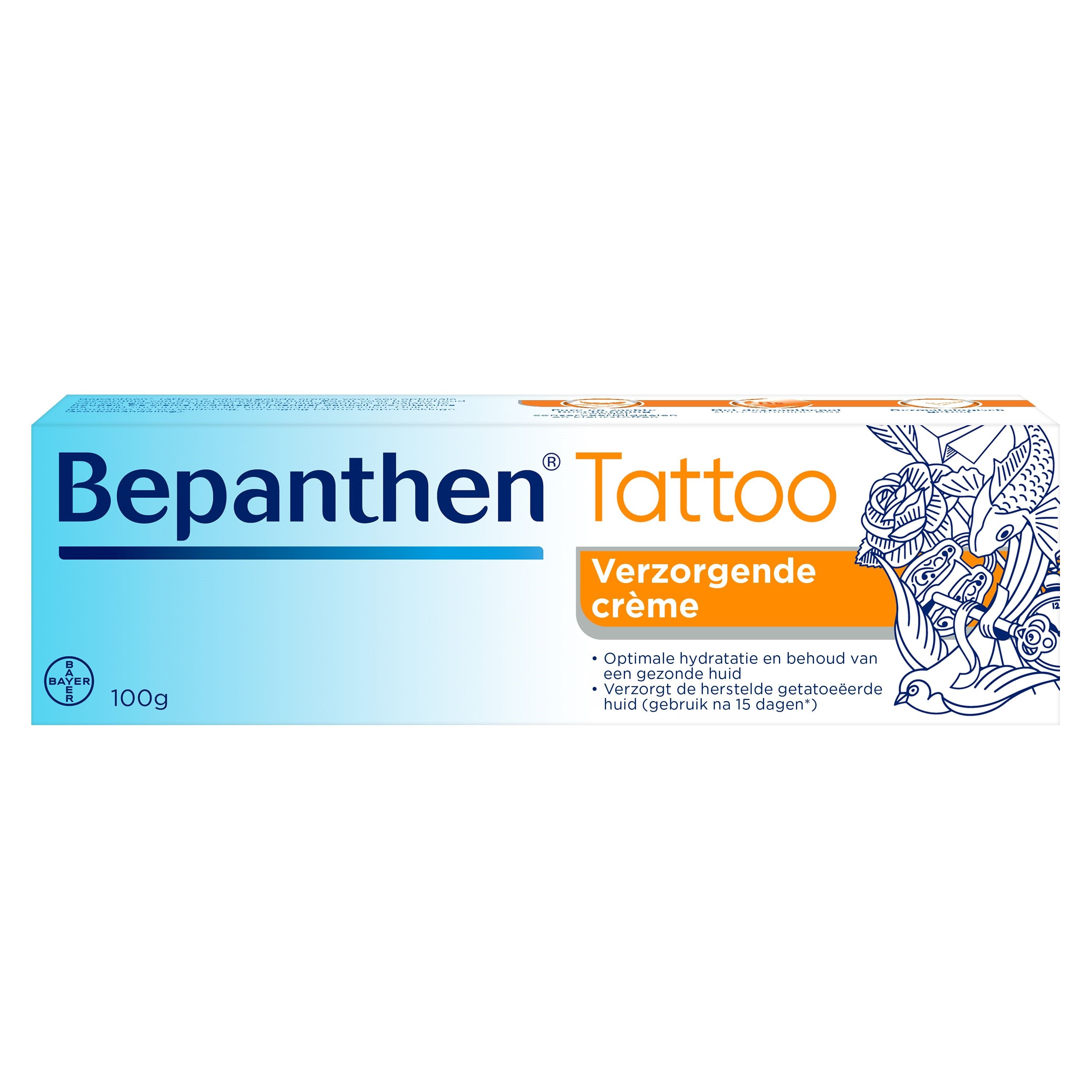 Bepanthen Tattoo verzorgende crème in 100g tube, soothing body care for tattoo aftercare with Bepanthen brand.