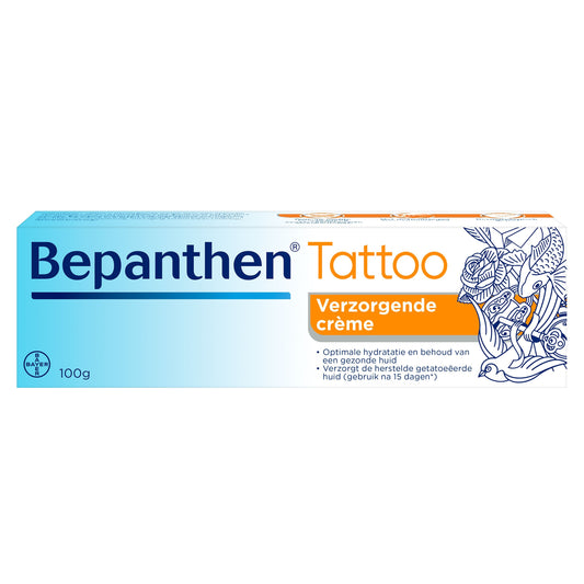 Bepanthen Tattoo verzorgende crème in 100g tube, soothing body care for tattoo aftercare with Bepanthen brand.