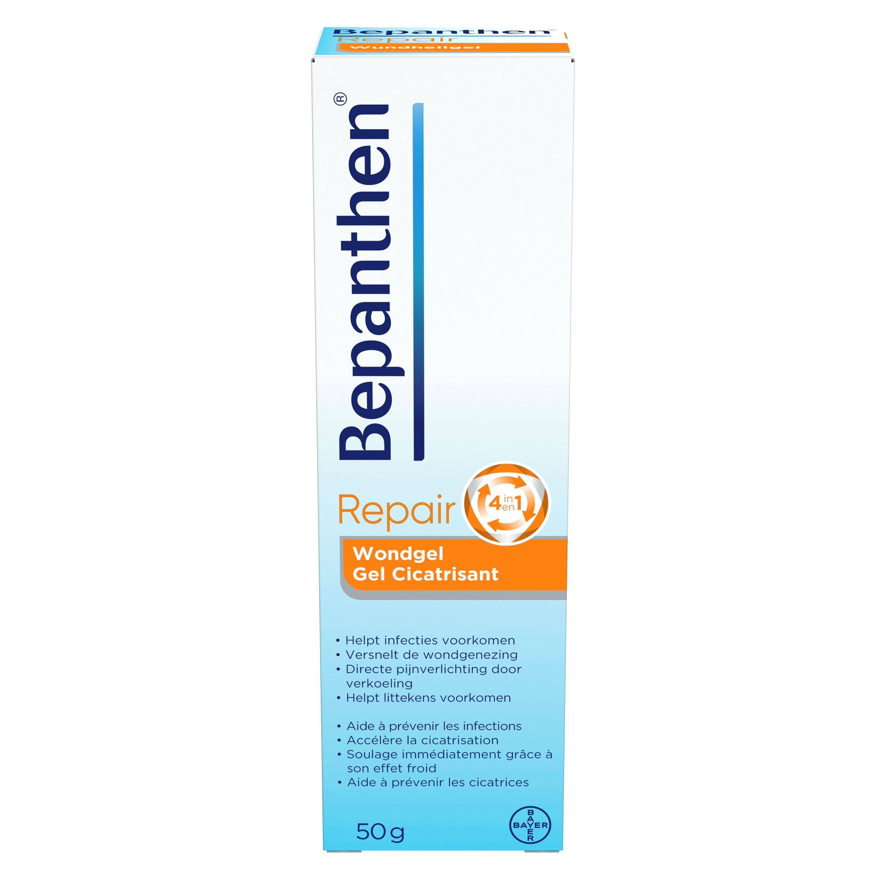 Bepanthen Wondgel 50g tube, wound healing gel in a white tube with blue cap, for wound care and skin repair.