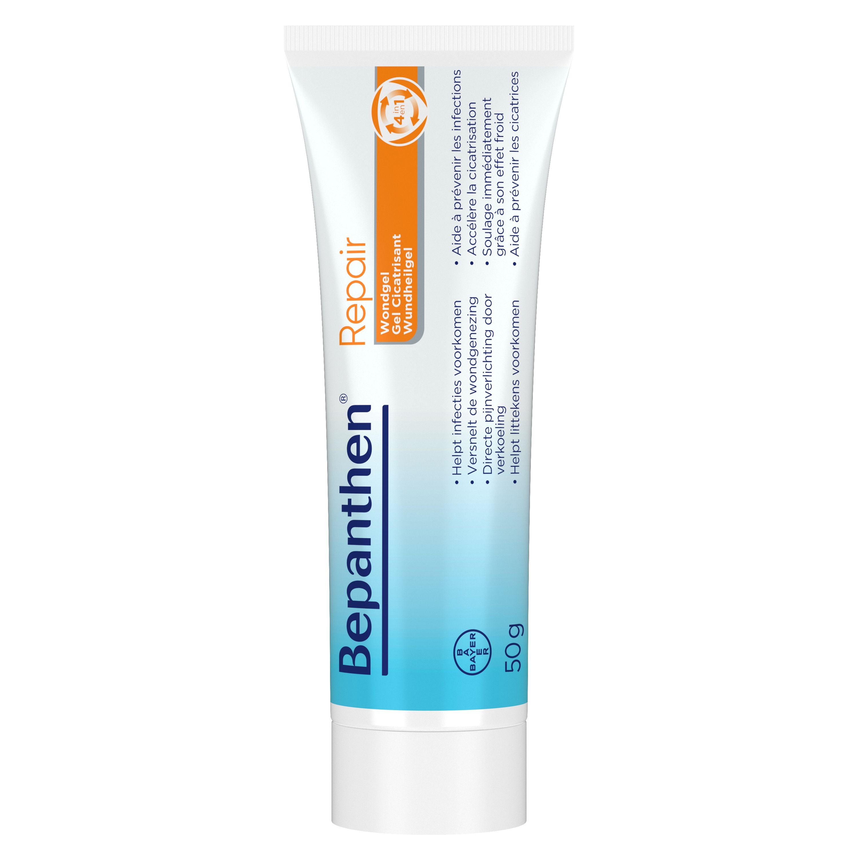 Bepanthen Wondgel 50g tube for wound care, displayed with its packaging, from Bepanthen wound treatment accessories.