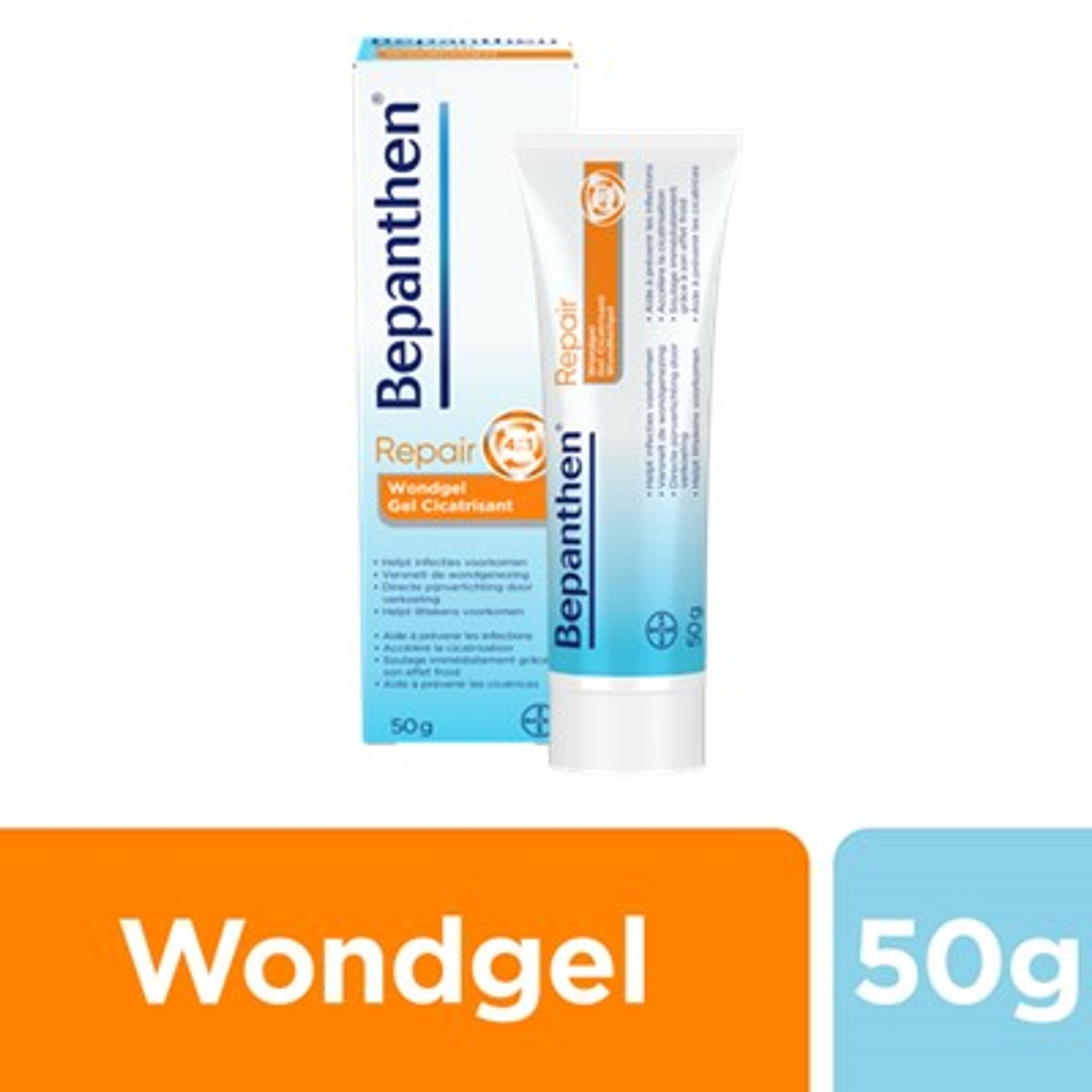 Bepanthen Wondgel 50g tube for wound care, with a close-up of the Bepanthen branding and wound healing gel packaging.