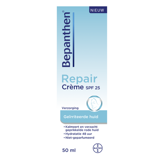 Bepanthen Repair creme 50ml for body skin care, featuring a white tube with blue accents and the Bepanthen logo.
