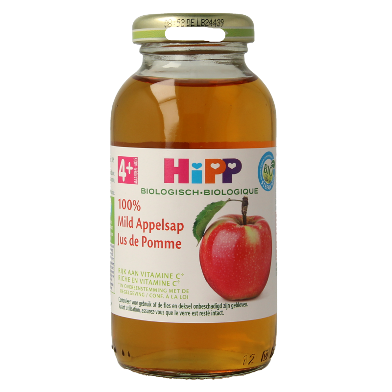 Hipp organic apple juice in a 200ml bottle, showing the label and clear liquid inside.