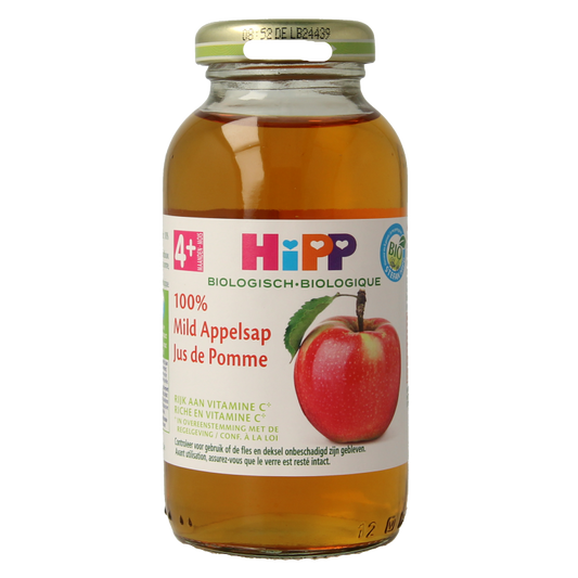 Hipp organic apple juice in a 200ml bottle, showing the label and clear liquid inside.