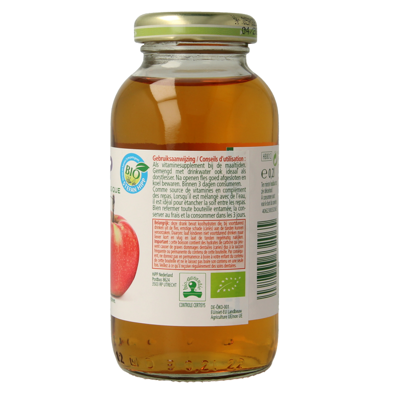 Hipp mild organic apple juice in a 200ml bottle, labeled as "Dranken en Sappen" with a white and green design.