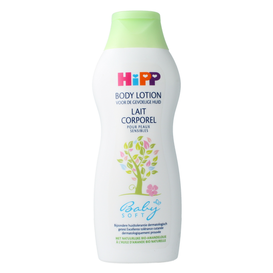 Hipp Baby soft body lotion in 350ml bottle, gentle baby and toddler skincare product with a white and blue label.