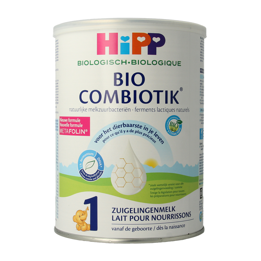 Hipp Combiotik organic infant formula in an 800g container, suitable for babies and toddlers, with a label showing the brand and product details.