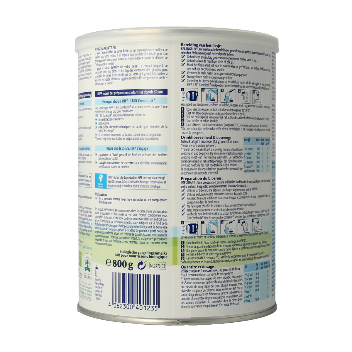 Hipp 1 Combiotik organic infant formula in a 800g can, suitable for babies and toddlers, with a label showing the Hipp logo.