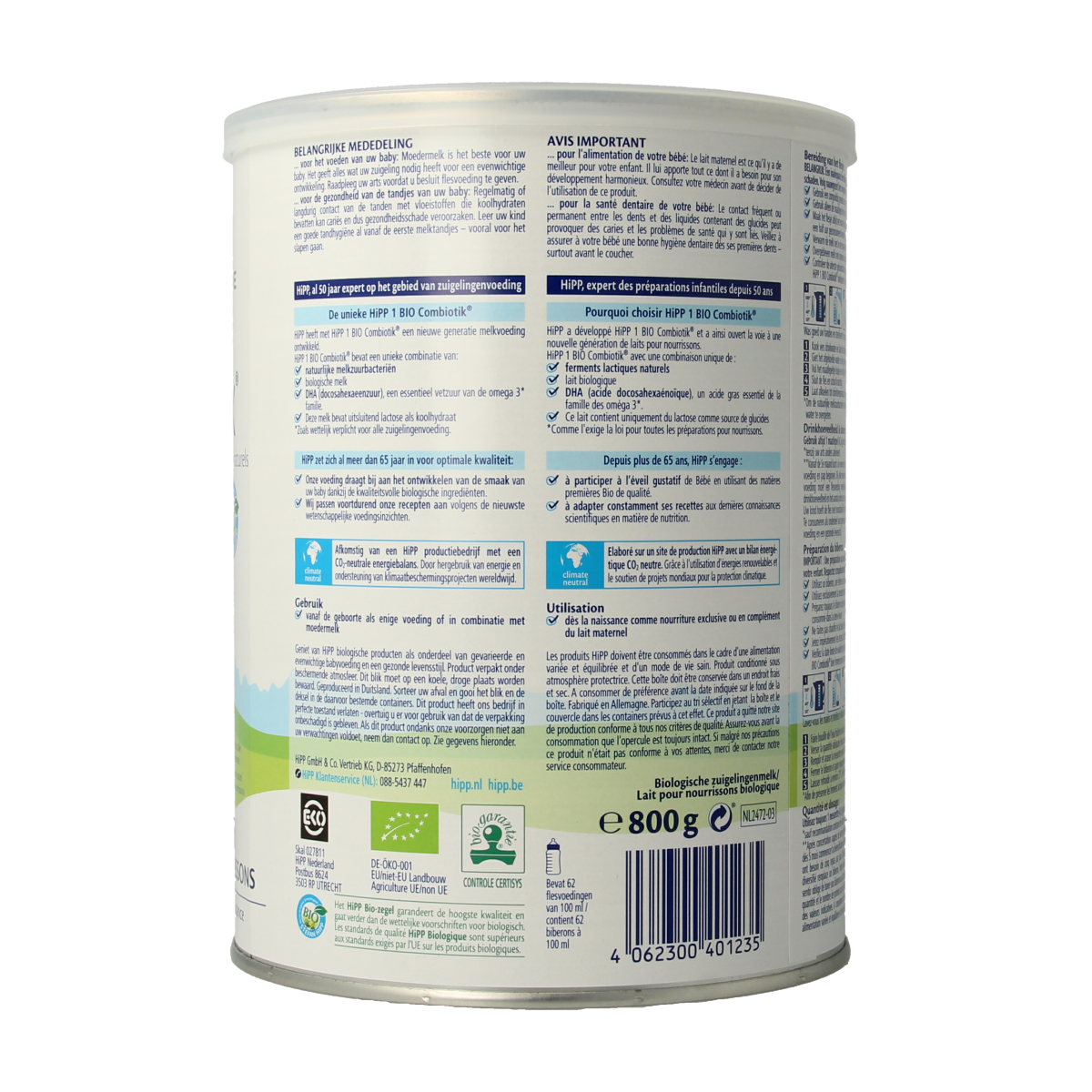 Hipp 1 Combiotik organic infant formula in an 800g container, designed for babies and toddlers, with a focus on natural ingredients.
